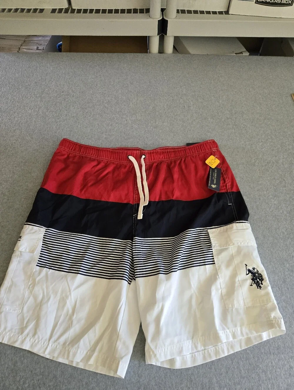 U.S. Polo Assn. - Red / White / Blue Lined Swim Suit Board Shorts - Men 3XL